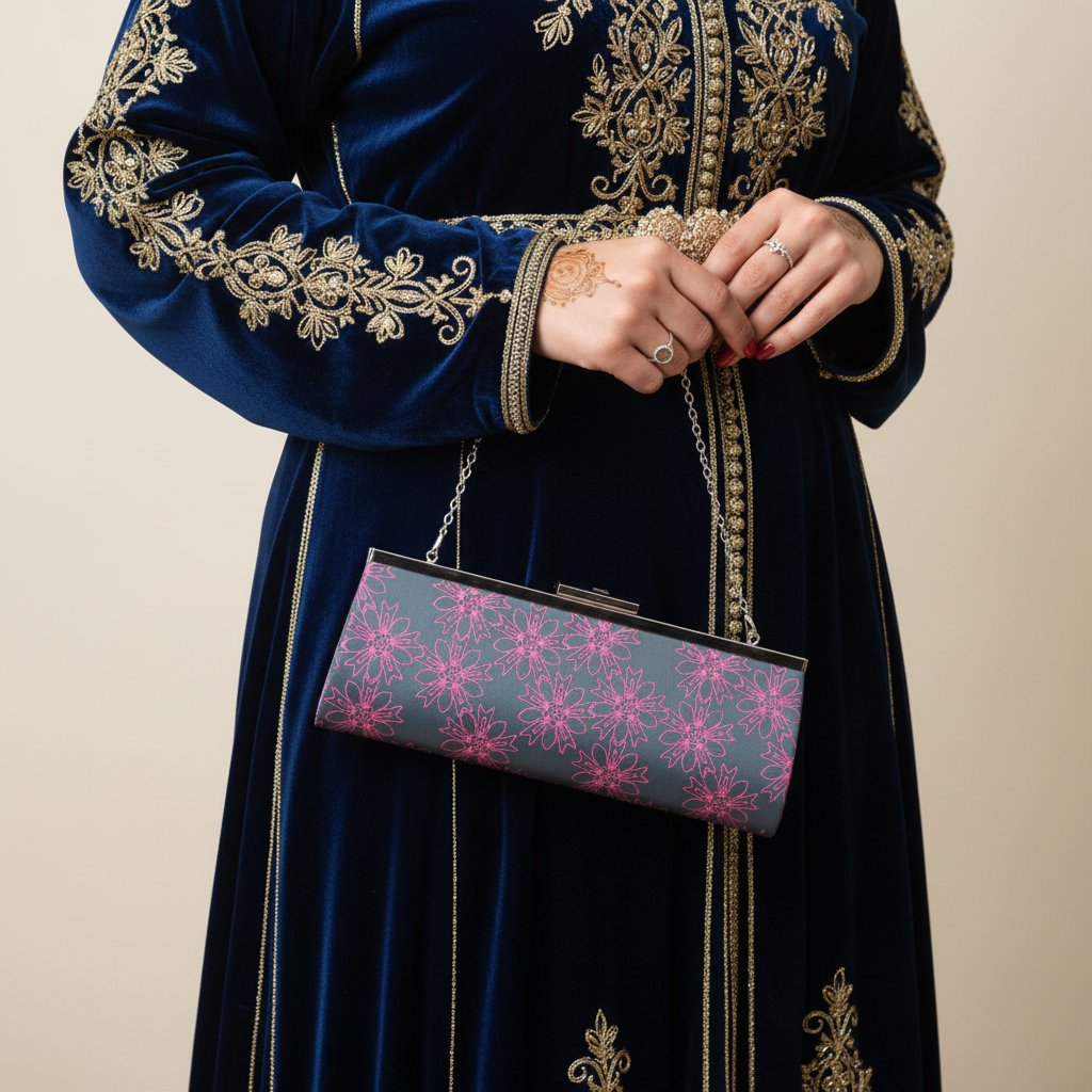 Pochette Fleur Dahlia – Toile enduite fleurie fuchsia & chaîne argentée