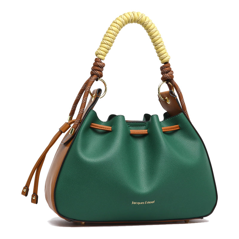 Sac bourse Vega – Cuir vegan grainé vert émeraude & détails cognac