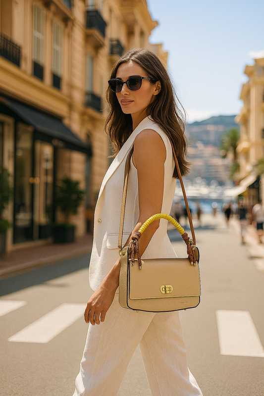 Sac à rabat Nahomy – Cuir vegan métallisé or & détails cognac