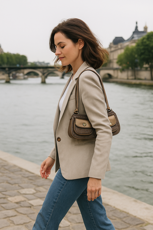 Sac baguette Kookla – Toile monogrammée taupe & cuir bronze