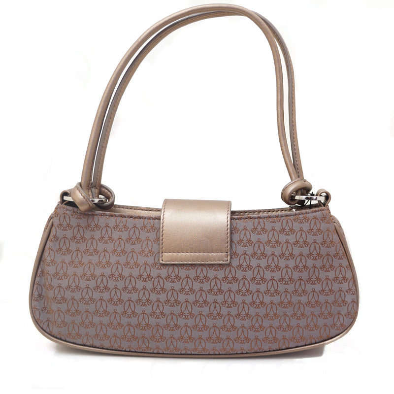 Sac baguette Kookla – Toile monogrammée taupe & cuir bronze