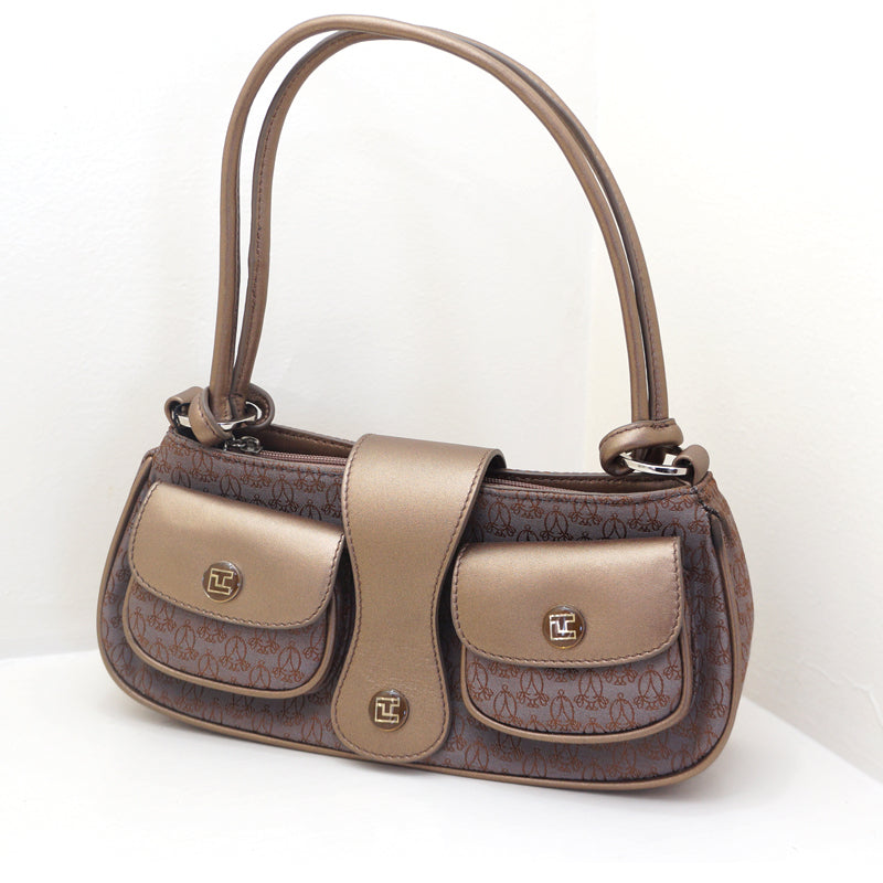 Sac baguette Kookla – Toile monogrammée taupe & cuir bronze