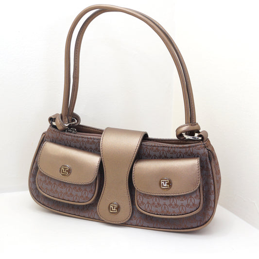Sac baguette Kookla – Toile monogrammée taupe & cuir bronze