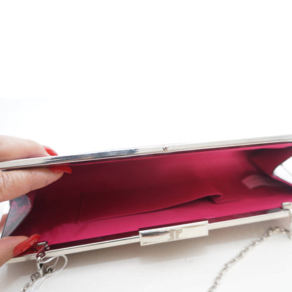 Pochette Fleur Dahlia – Toile enduite fleurie fuchsia & chaîne argentée