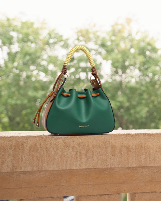 Sac bourse Vega – Cuir vegan grainé vert émeraude & détails cognac